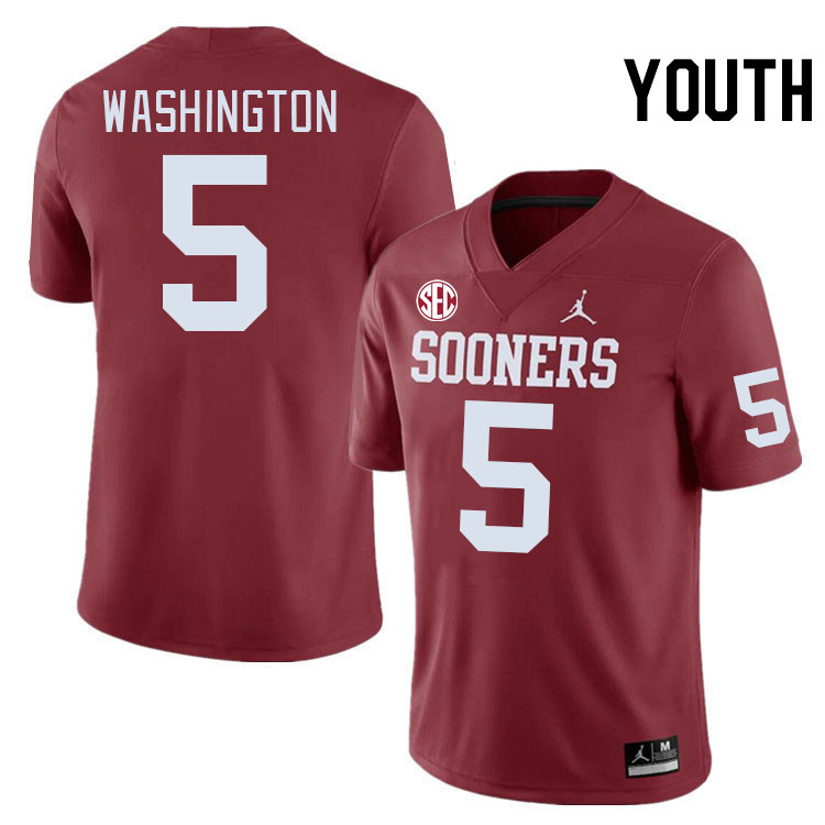 Youth #5 Woodi Washington Oklahoma Sooners 2024 SEC Conference College Football Jerseys-Crimson